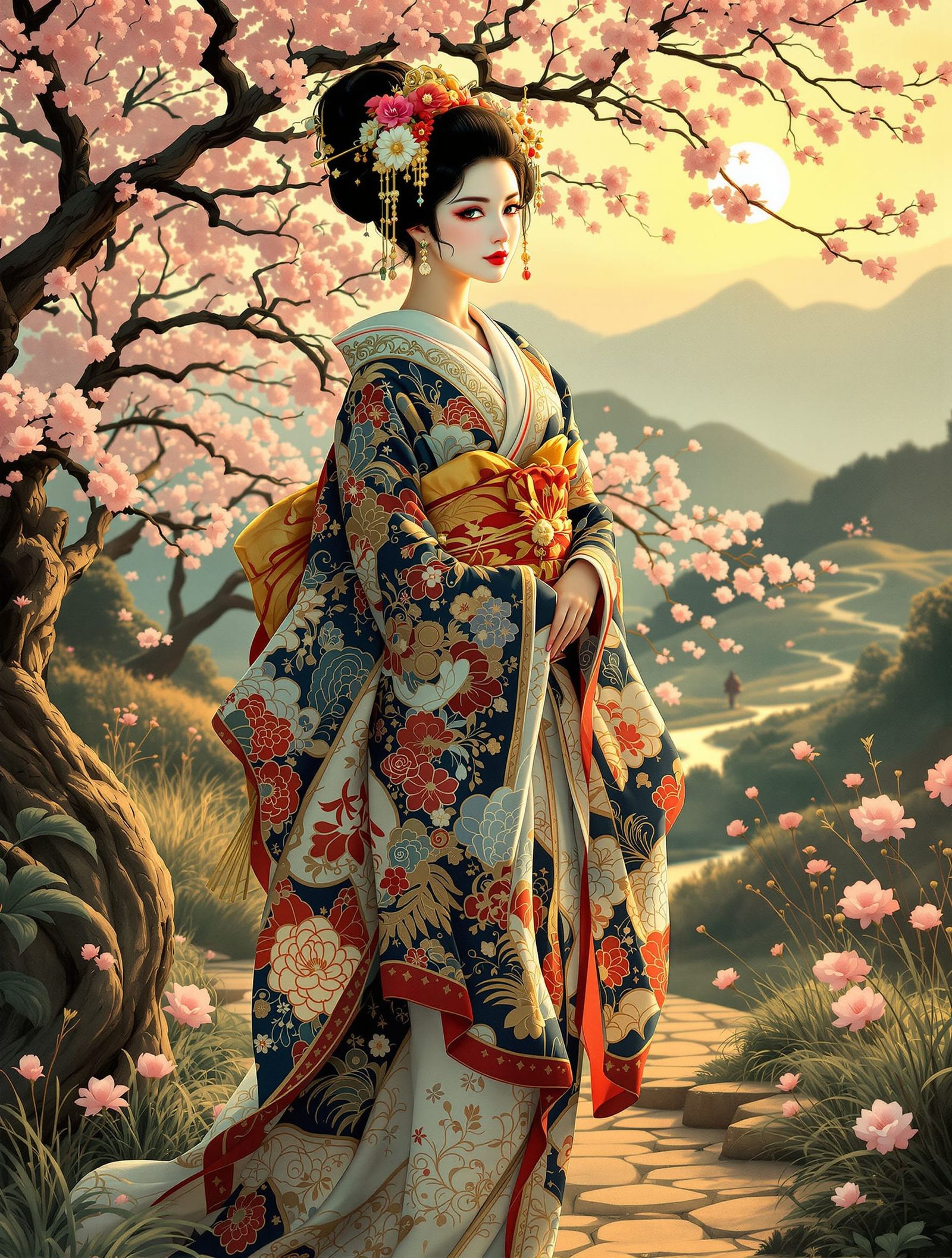 Art Nouveau Geisha in Japanese Countryside