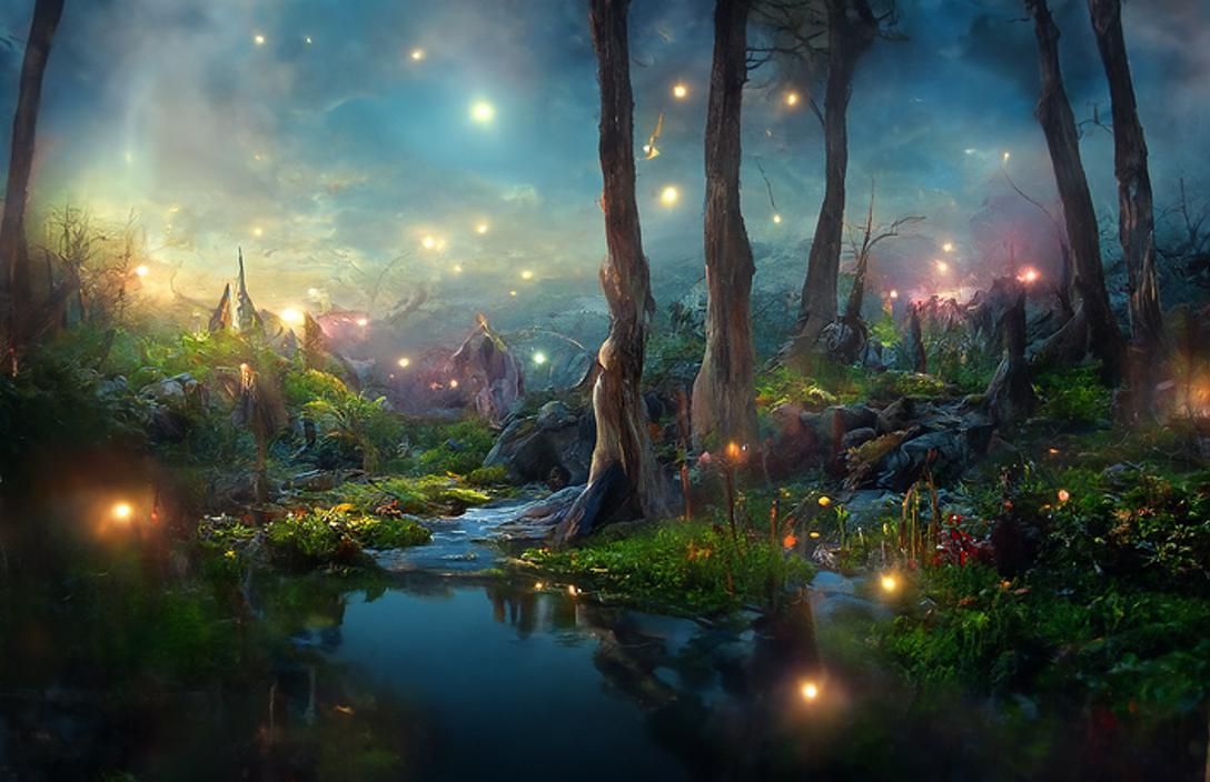 Magical Fireflies in Luminous Forest: Fantasy Artwork