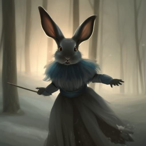 Rabbit Witch in Snowy Forest, Dark Fantasy Art