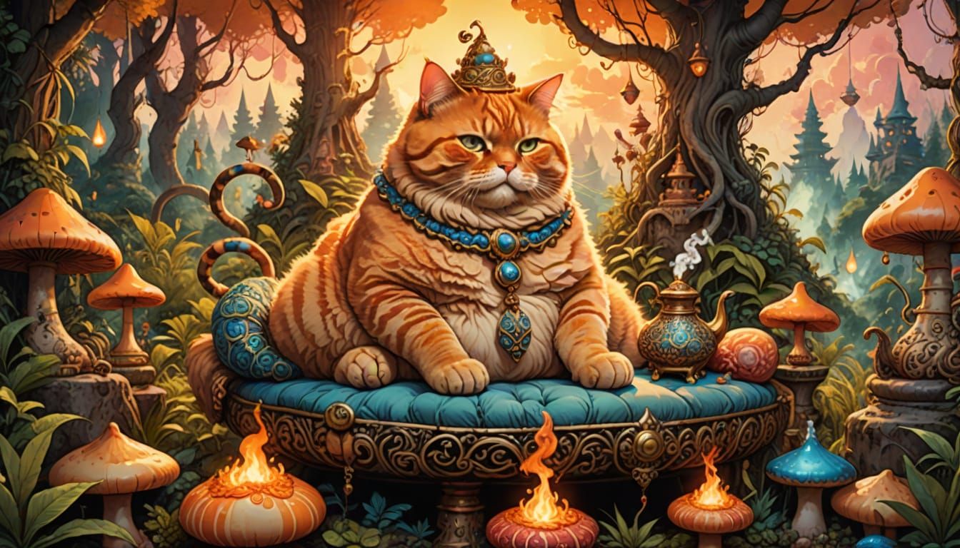 Majestic Orange Cat Enjoys Magical Hookah in Whimsical Mushr...