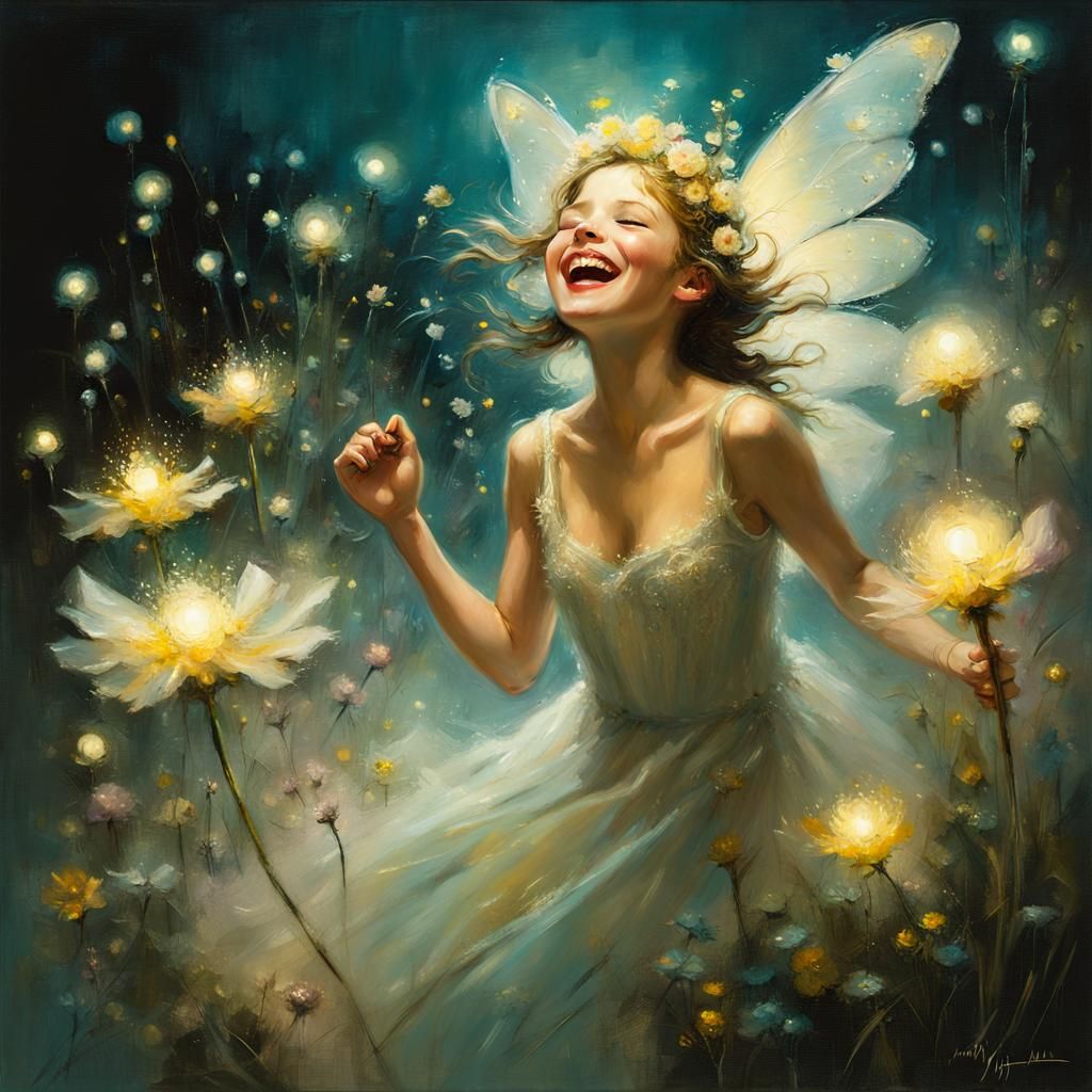Laughing Fairy Emerges From Flowers: Oil Painting