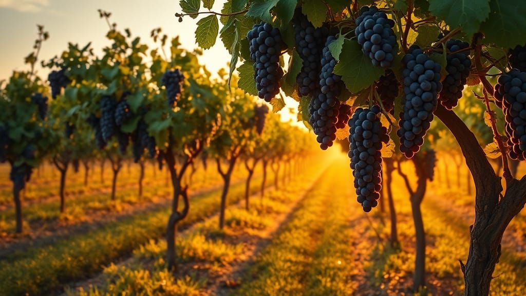 Vast Vineyard Landscape with Juicy Grapes in Golden Hour