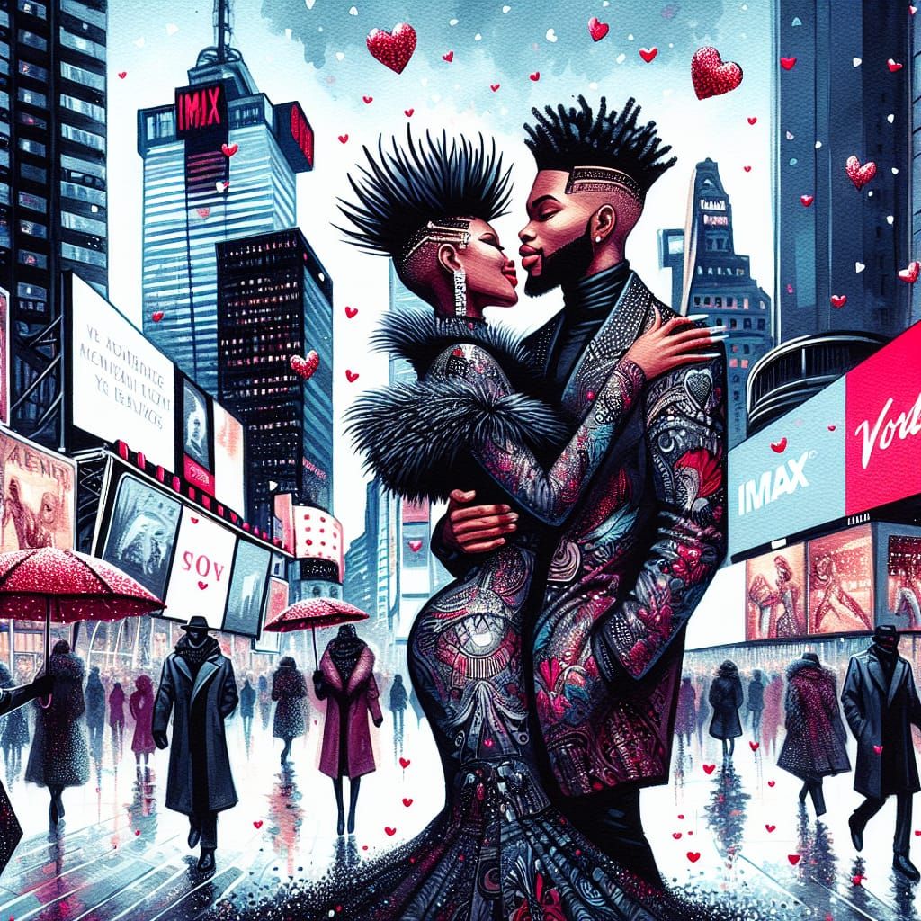 Romantic Times Square in Gouache Style