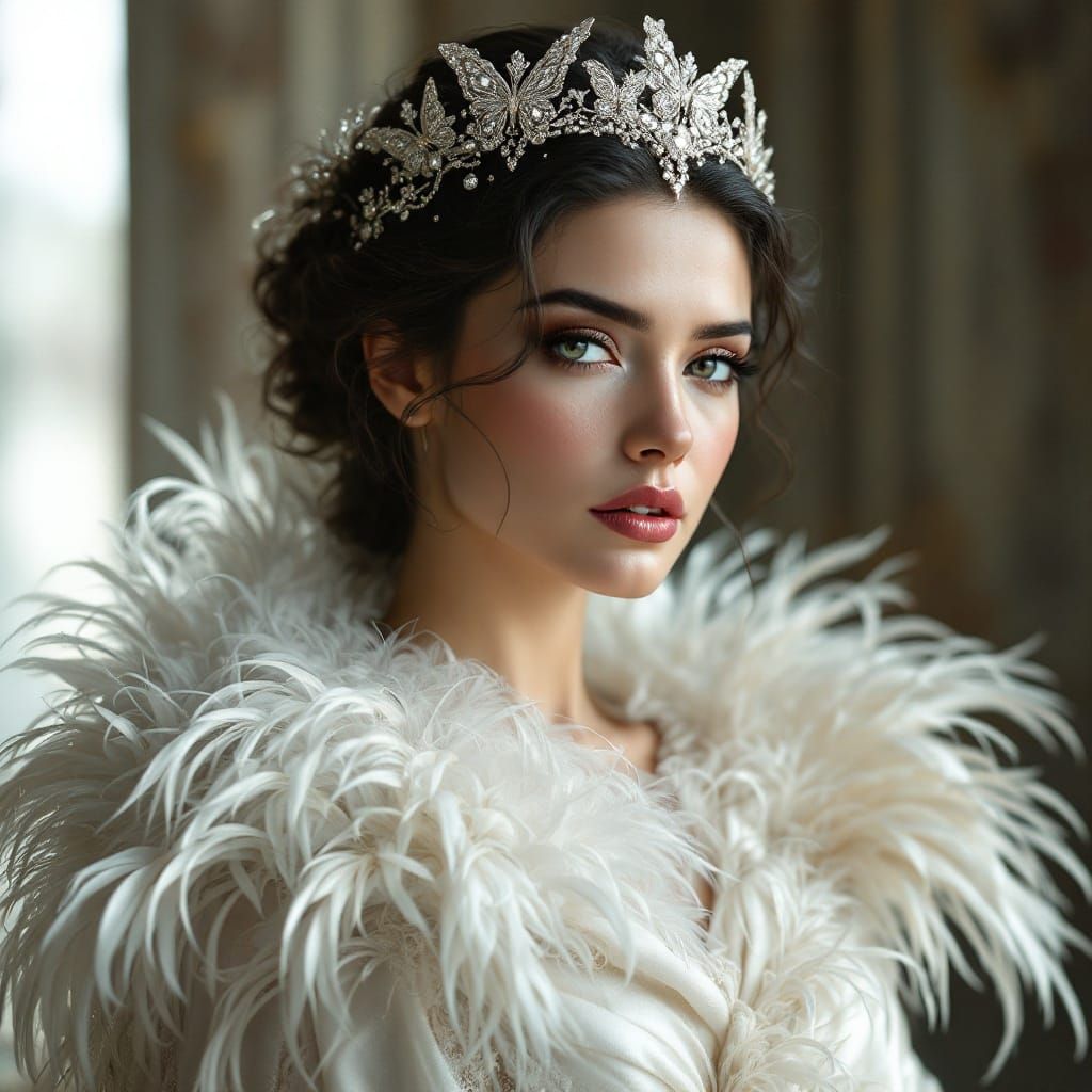 Regal Woman in Ethereal White Attire with Feathered Shawl