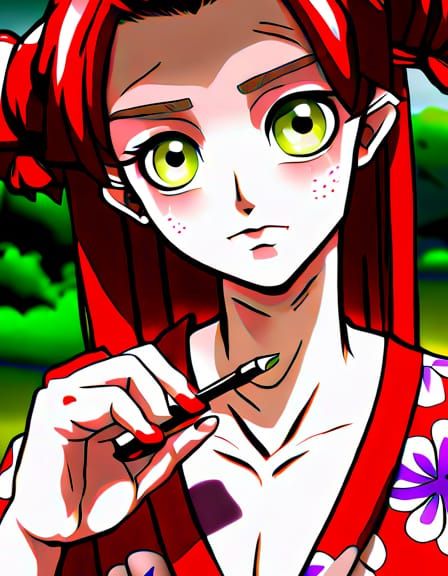 Anime Tomboy in Kimono with Red Eyes