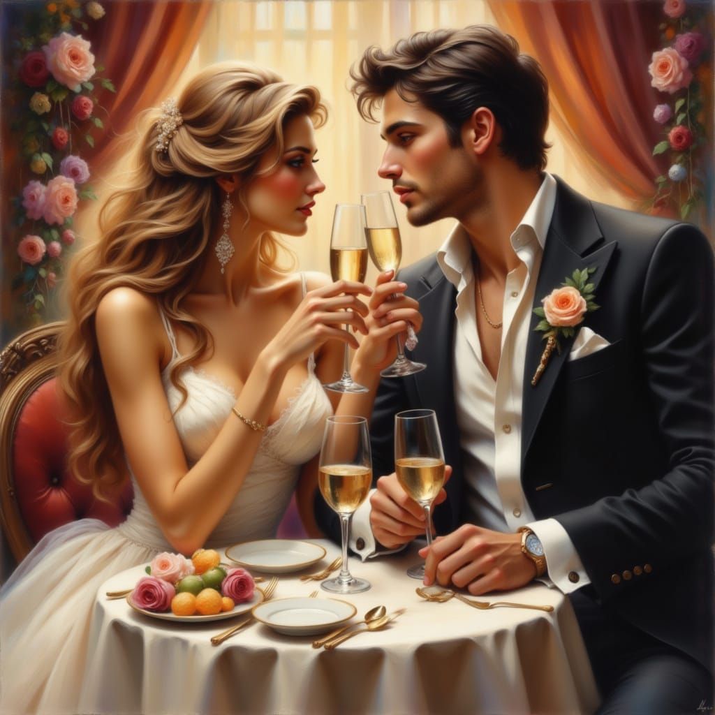 Couple Toasting in Opulent Restaurant, Fantasy Romance Style