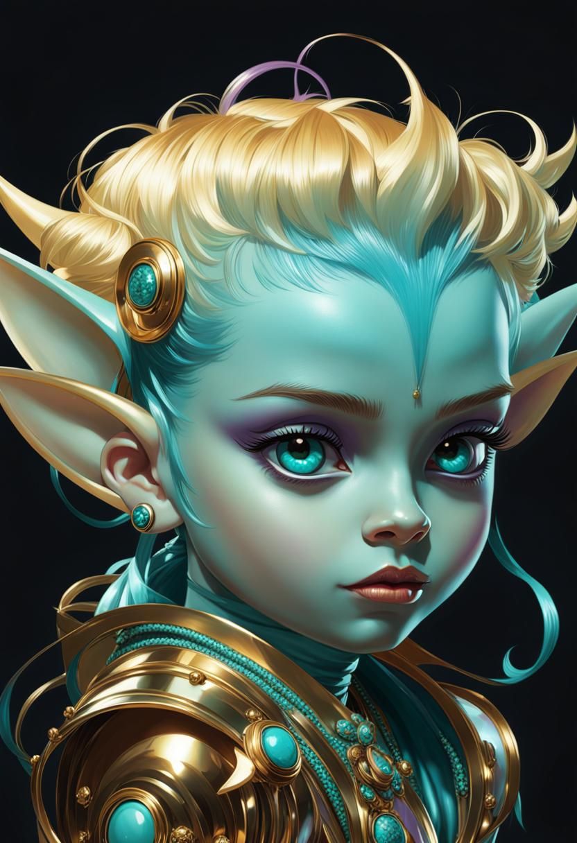 Turquoise Goblin Tracker Portrait in Art Nouveau Style