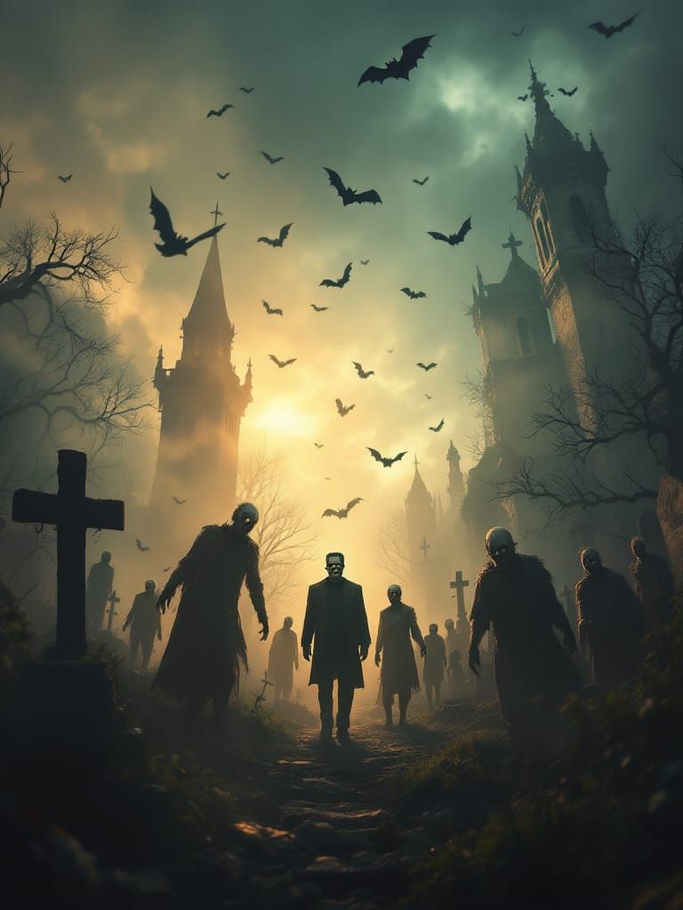 Cinematic Halloween Cemetery Scene with Zombies