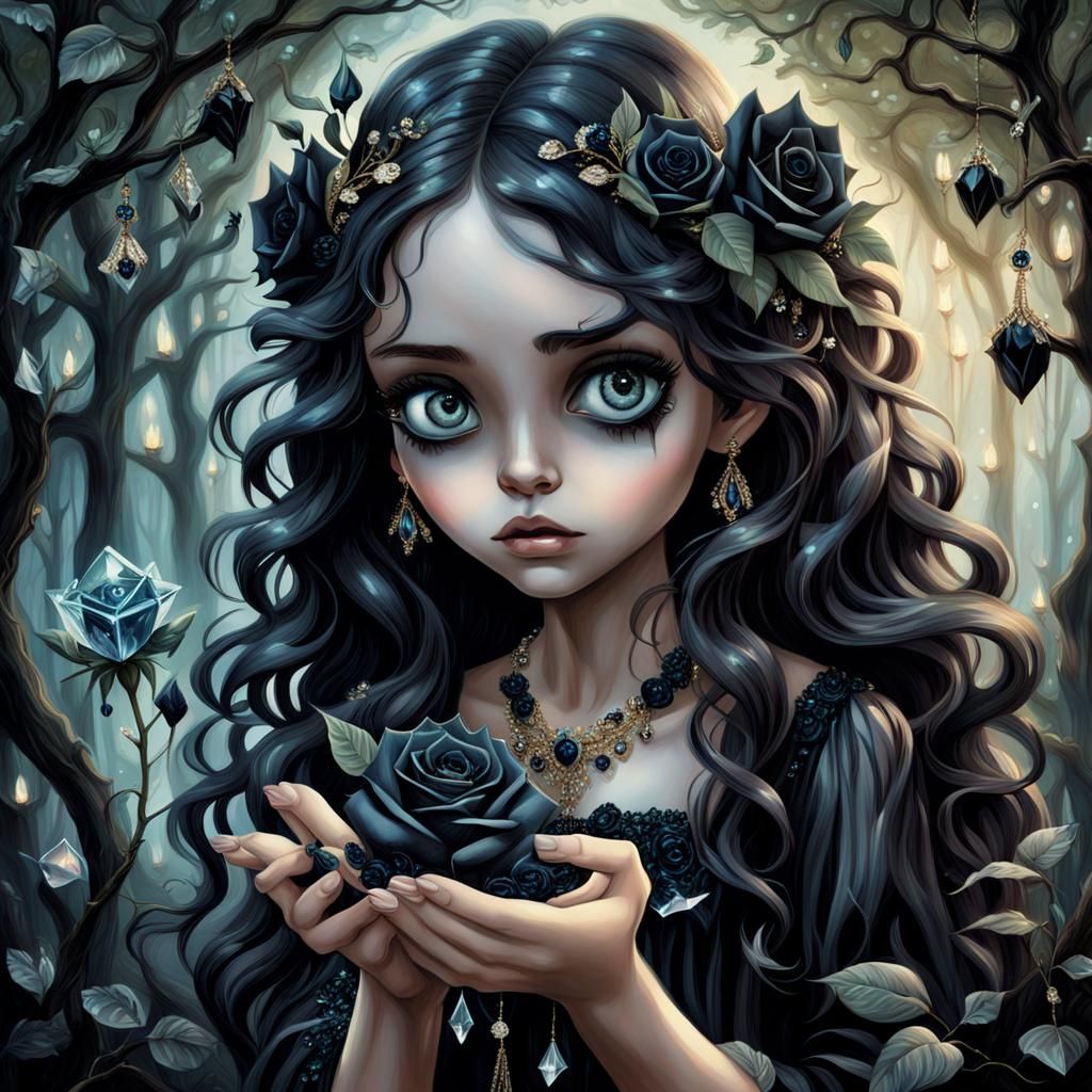 Angry Fairy Girl with Black Roses in Burtonesque Style