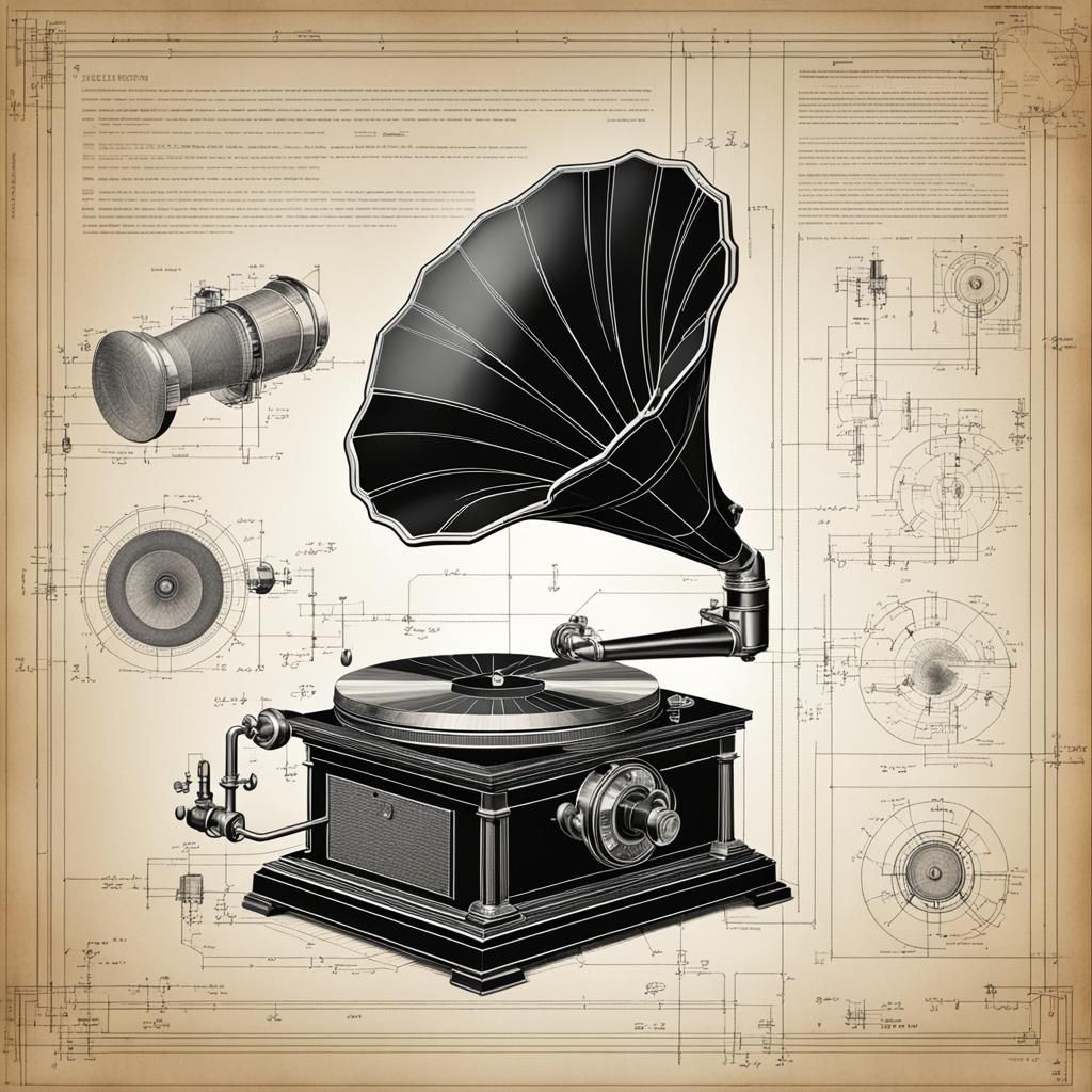 Phonograph Technical Blueprint in Hyperrealism Style