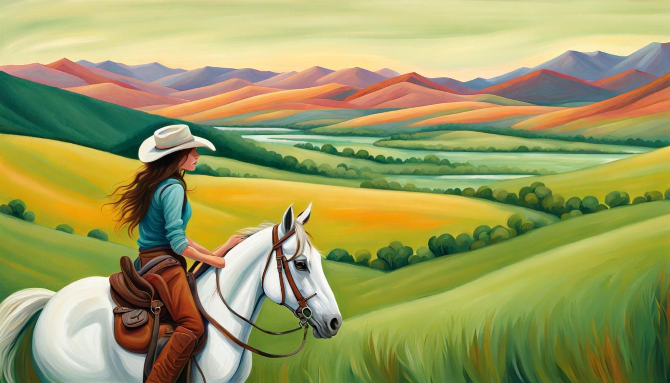 Cowgirl on Horseback Overlooking Landscape, Oil Painting