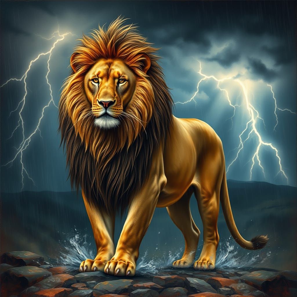 Majestic Lion in Turbulent Stormy Landscape