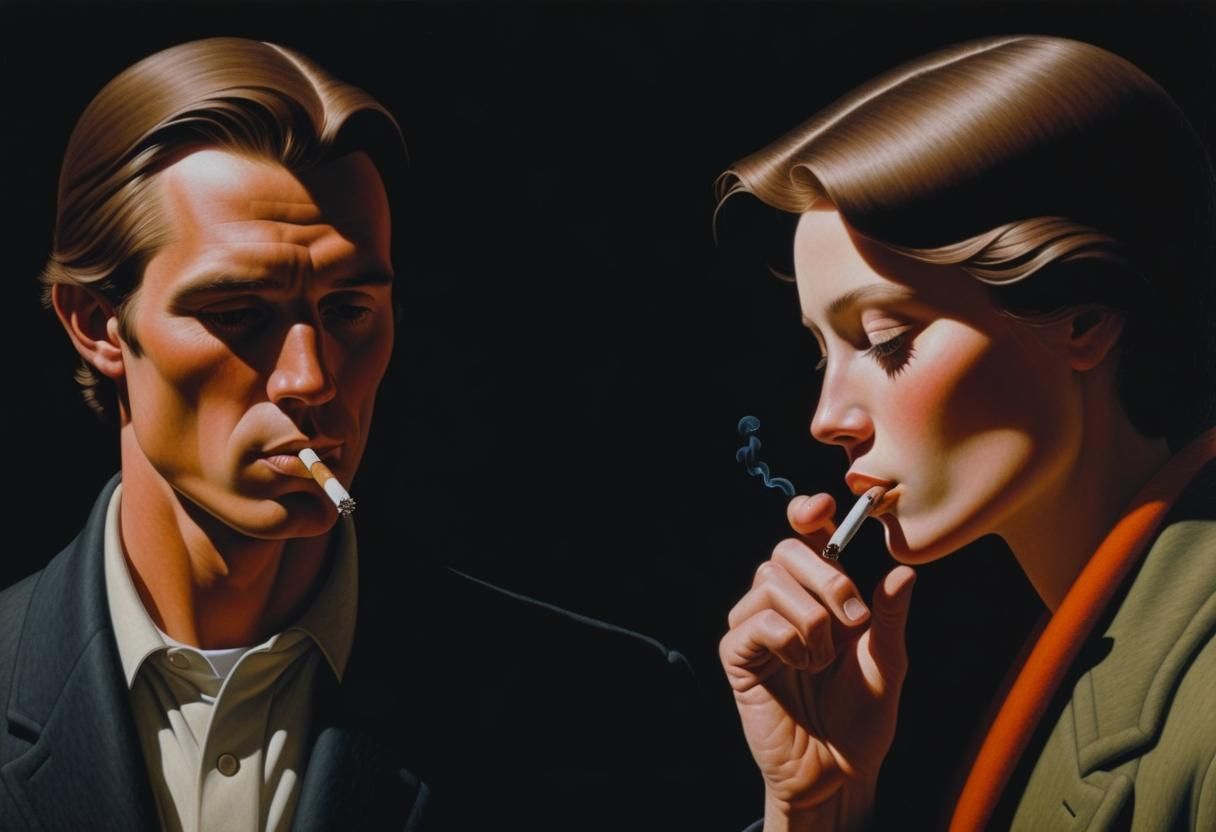 Young Couple Smoking Joint in Tooker Style