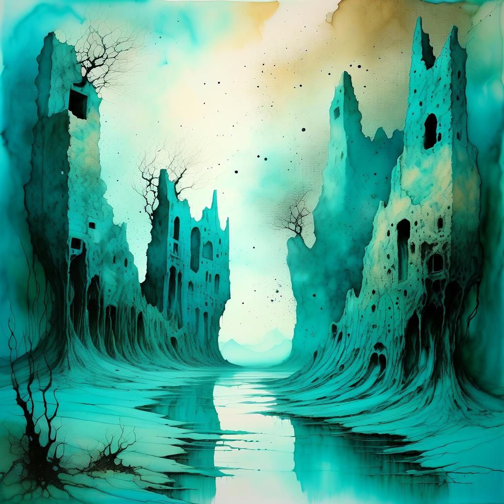 Surreal Desert Landscape in Alcohol Ink Style