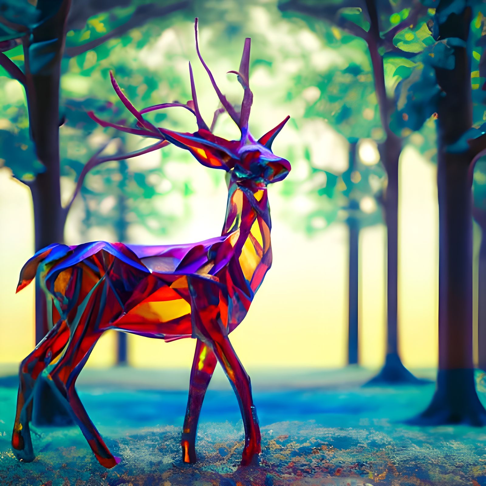 Stained Glass Deer in Realistic Forest, 3D Render