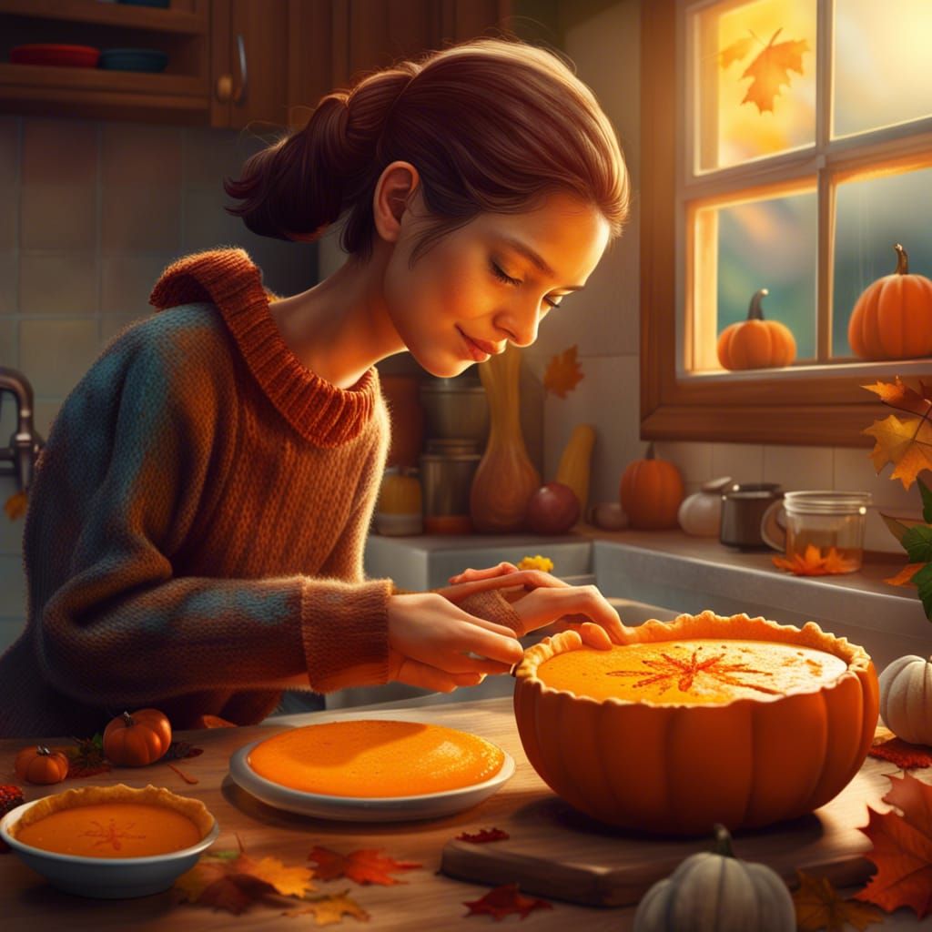 Girl Baking Pumpkin Pie with Cat, Hyperrealistic Art