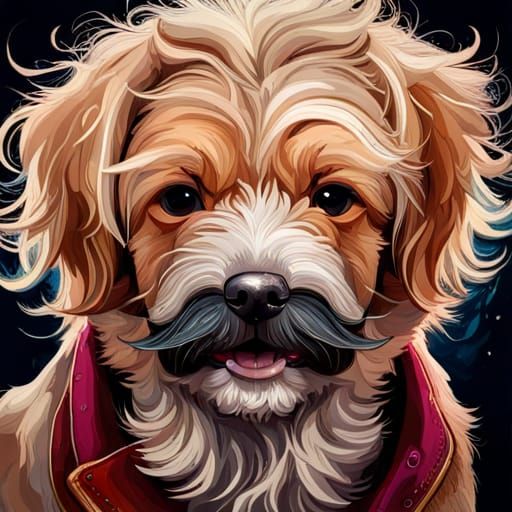Adorable Puppy with Exaggerated Mustache, Hyperreal Portrait