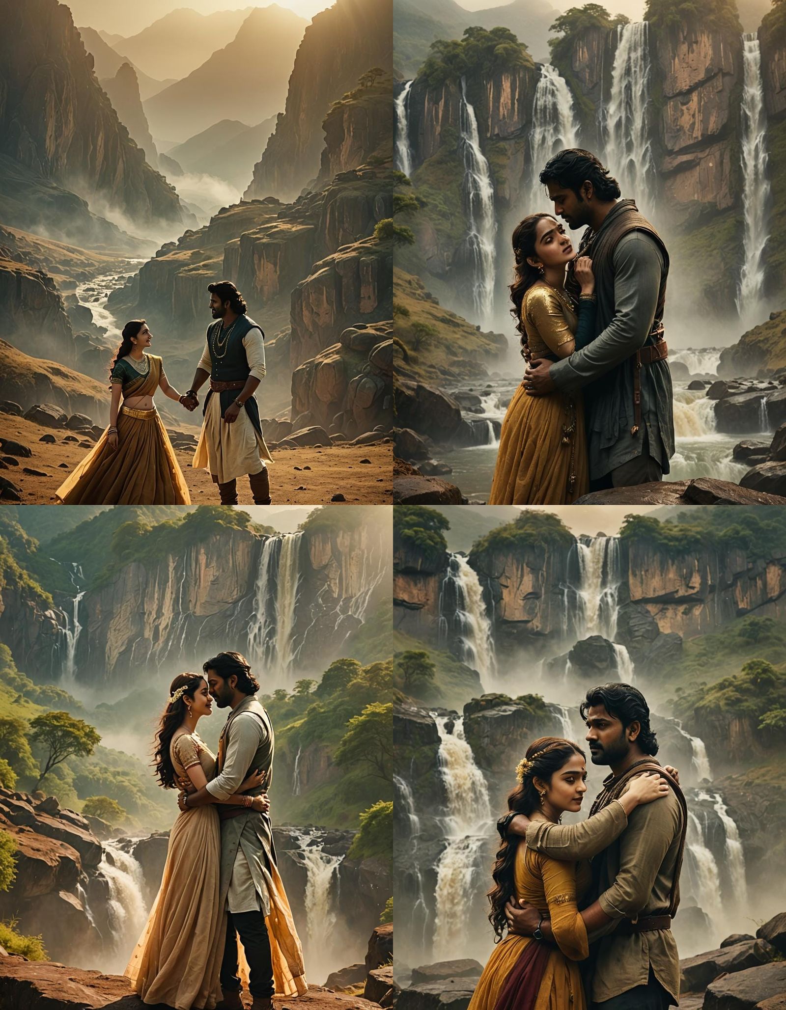 Romantic Embrace in Ancient Landscape: Cinematic Film Still
