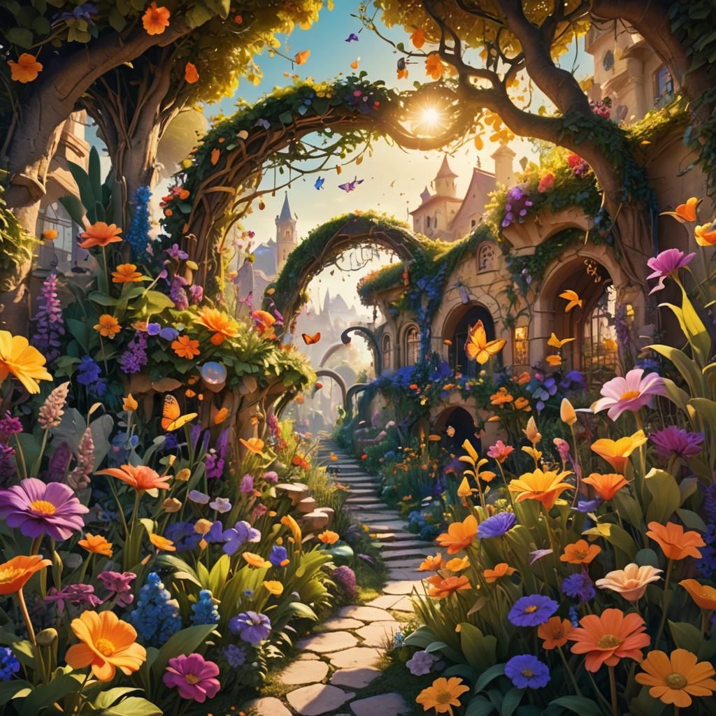 Whimsical Garden with Playful Creatures in Golden Light