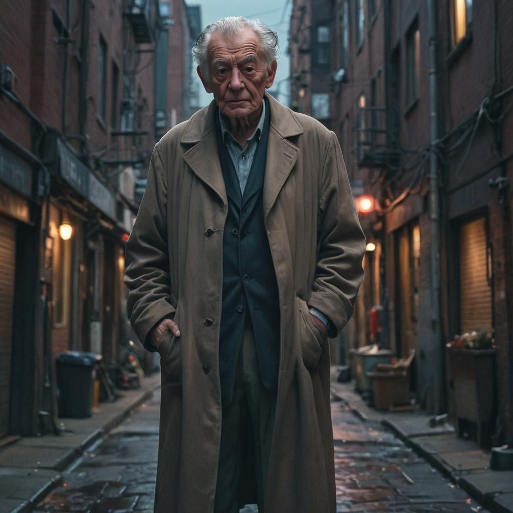 Elderly Superhero in City Alleyway, Comic Book Art