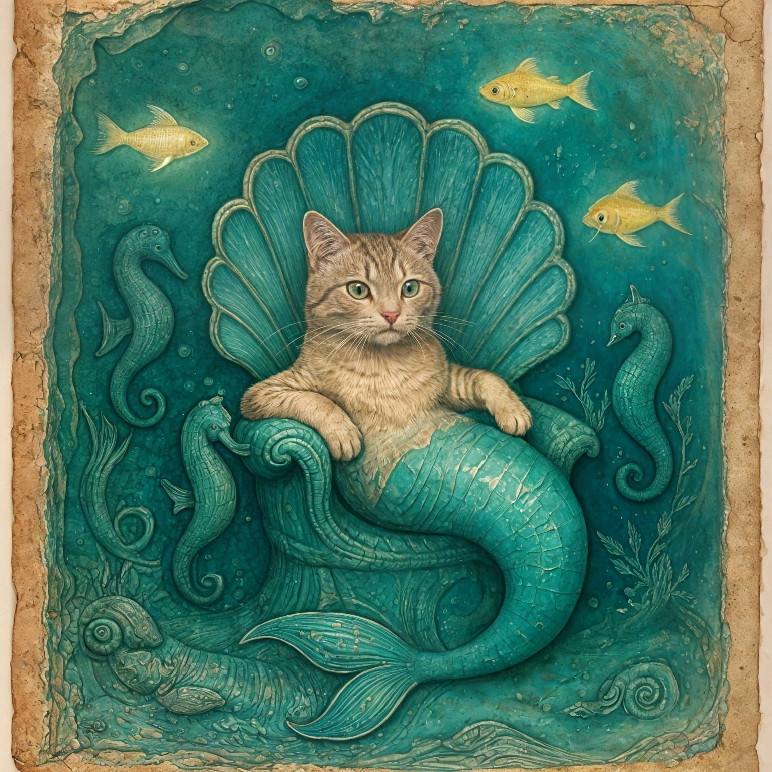 Cat Mermaid Lounging on Seashell Throne