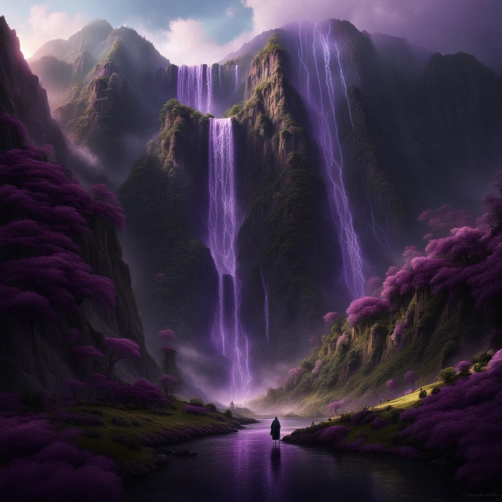 Epic Waterfall on Purple Mountain: Digital Matte Painting