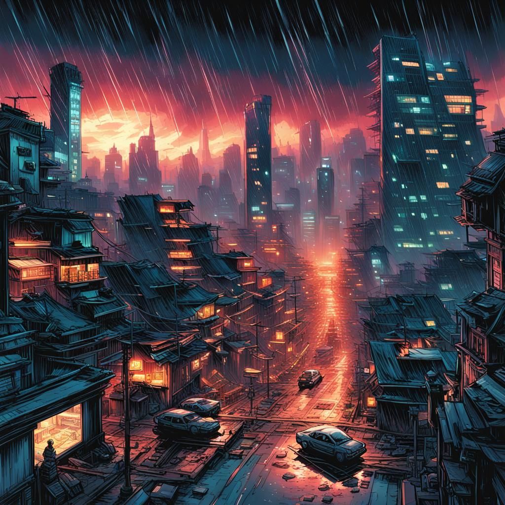 Cyberpunk Cityscape During Thunderstorm