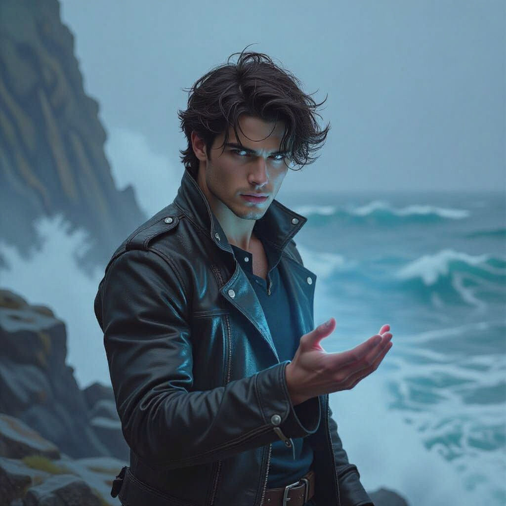 Man Overlooking Stormy Sea with Blue Energy, Art Nouveau Sty...