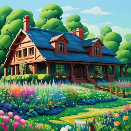 Pixar-Style House with Garden in Gouache Painting