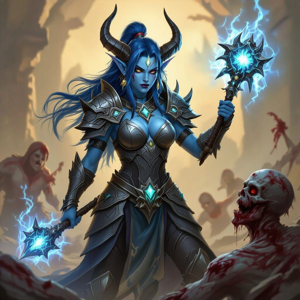 Blue Draenei Shaman Casts Spells With Glowing Mace