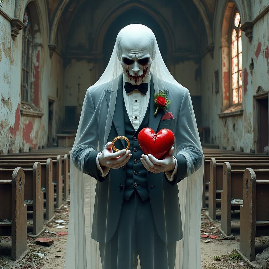 Ghostly Groom Waits at Decrepit Altar with Broken Heart