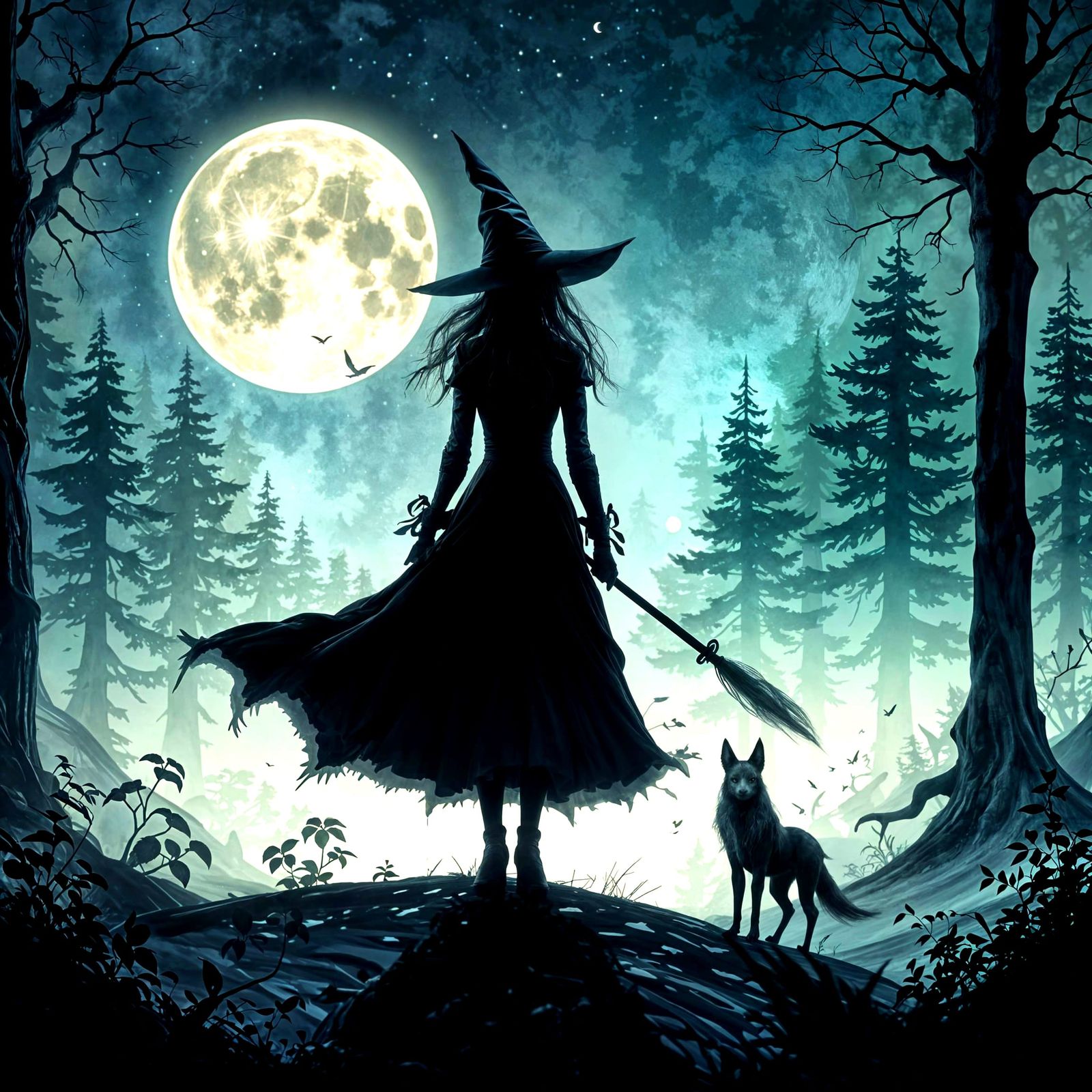 Witch Silhouette Before Giant Moon: Fantasy Art