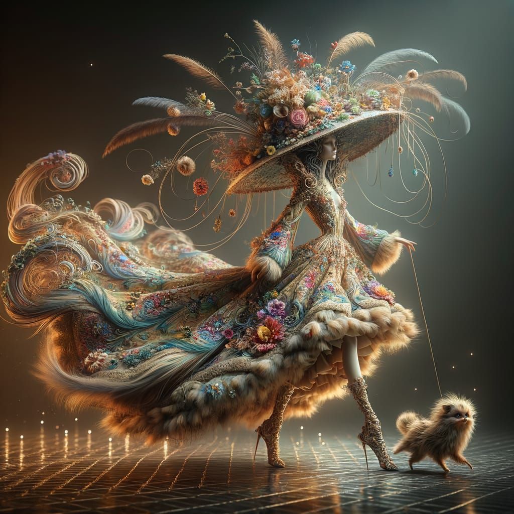 Whimsical Character in Ornate Dress and Dreamlike Setting