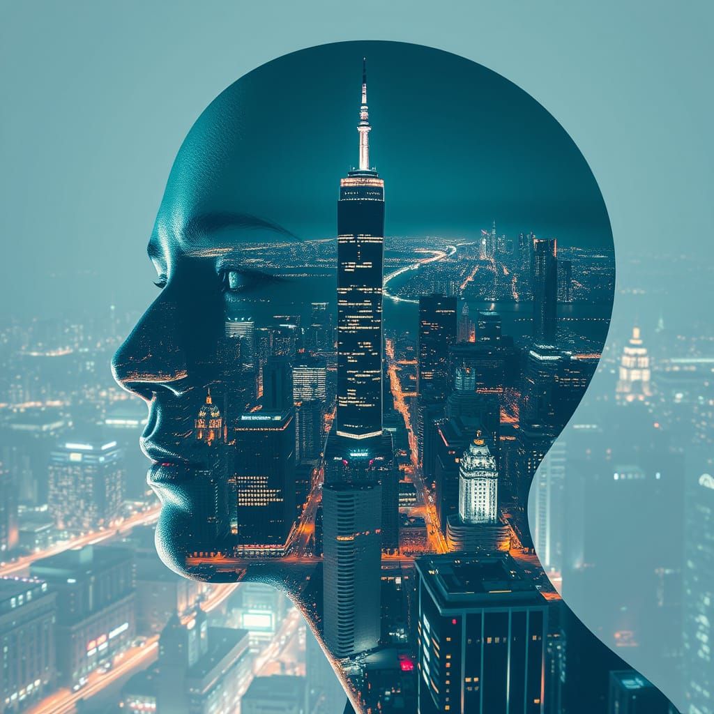 Cyberpunk Face Double Exposure with Neon City at Night