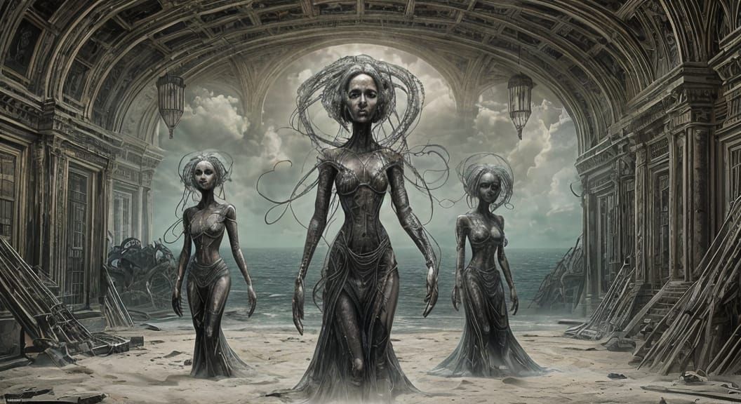 <lora:EPIC:1.0> Eight ethereal, statuesque alien females stand tall, their slender yet curvy figures accentuated in tatt...