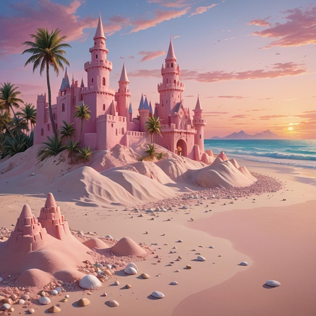 Pink Sand Castle at Sunset in Pastel Watercolor