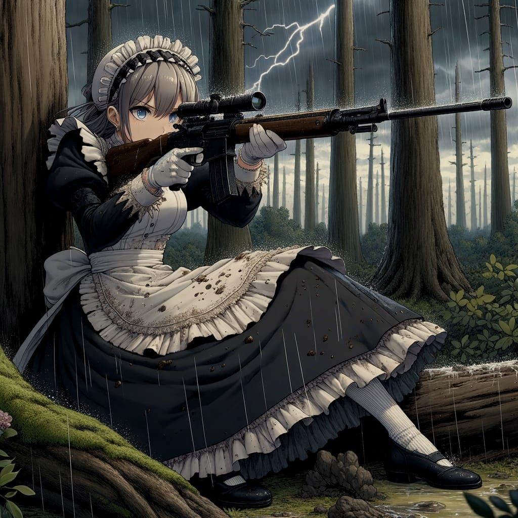 Anime-Style Maid Sniper in Stormy Forest