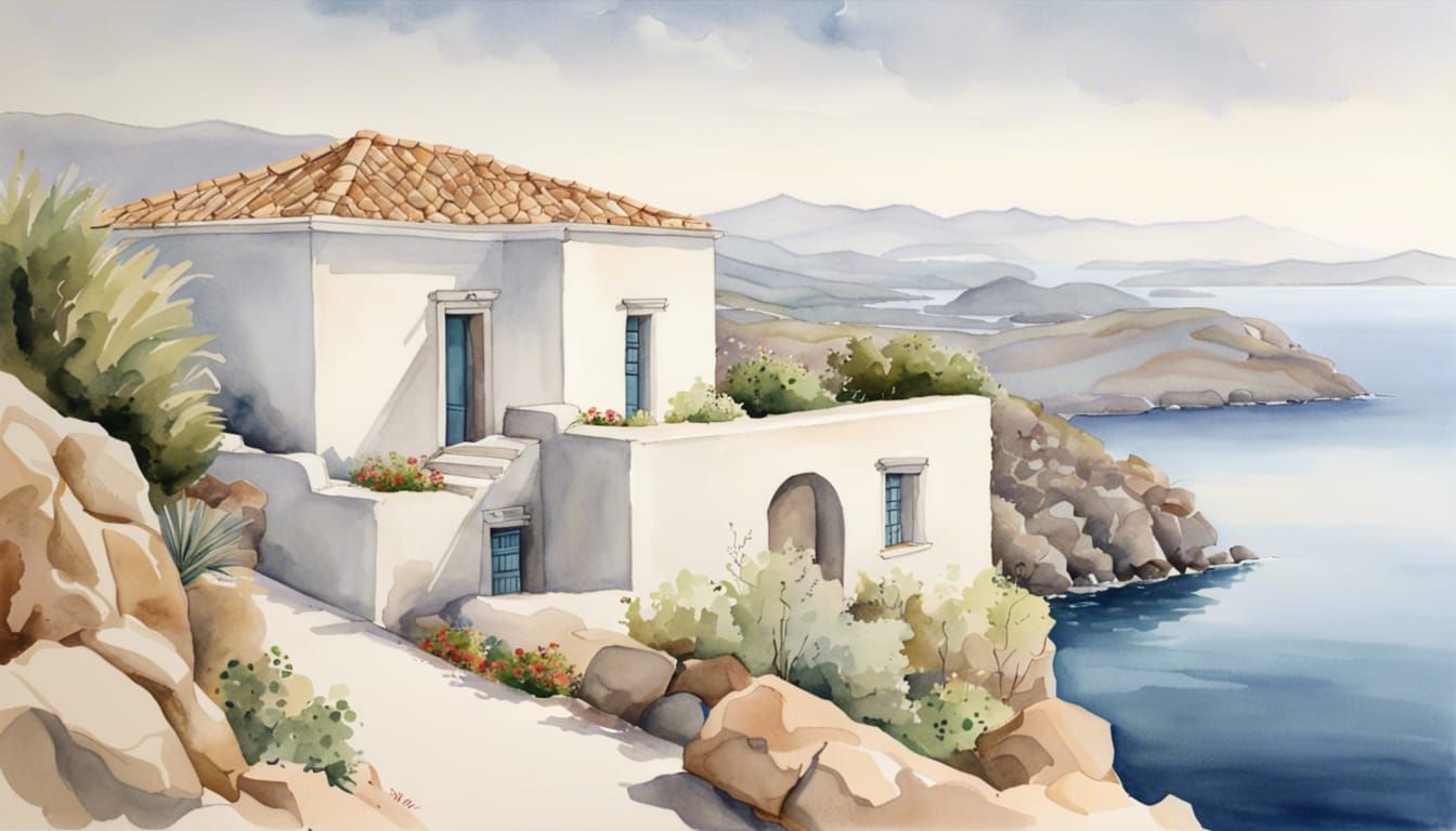 Greek Island Adobe Villa in Watercolor Style