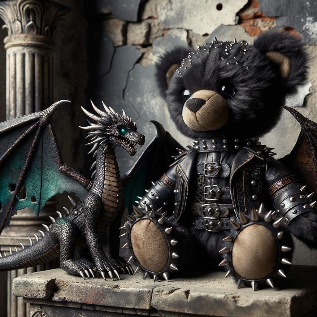 Gothic Teddy Bear and Dragon on Ancient Pedestal