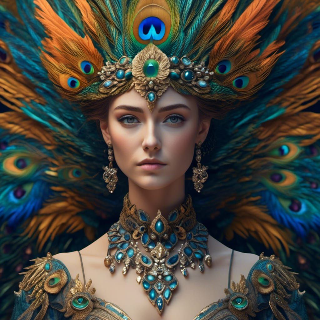 Woman with Peacock Feathers, Detailed Matte Painting