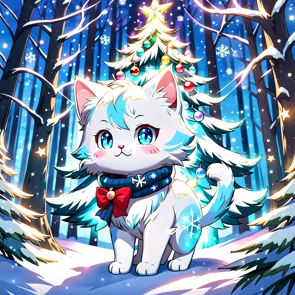 Celestial Christmas Tree Cat in Anime Style