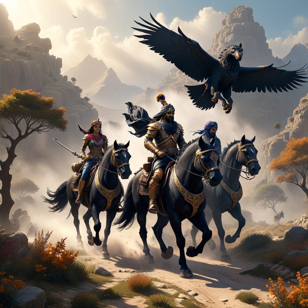 Ethereal Steampunk Warriors Ride Majestic Horses in the Syri...