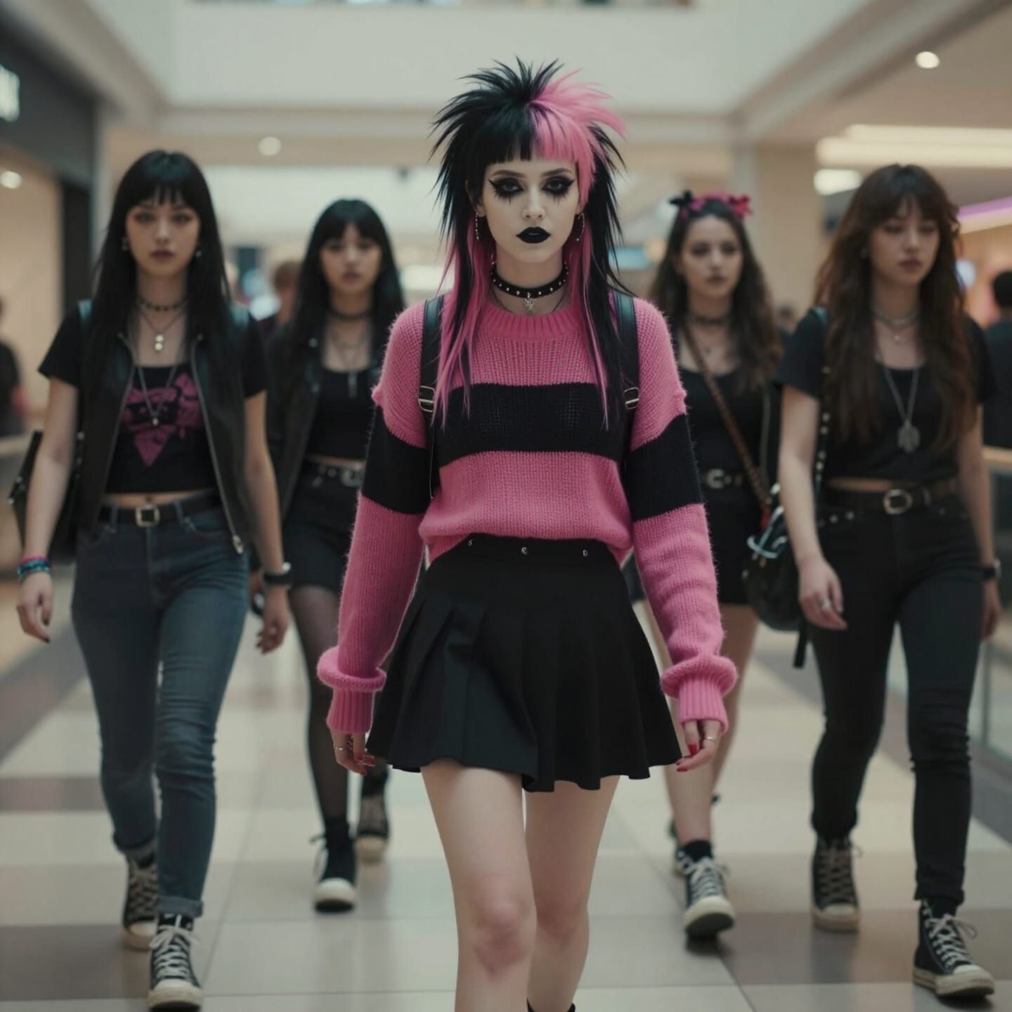 Punk Girl with Pink and Black Hair in Mall