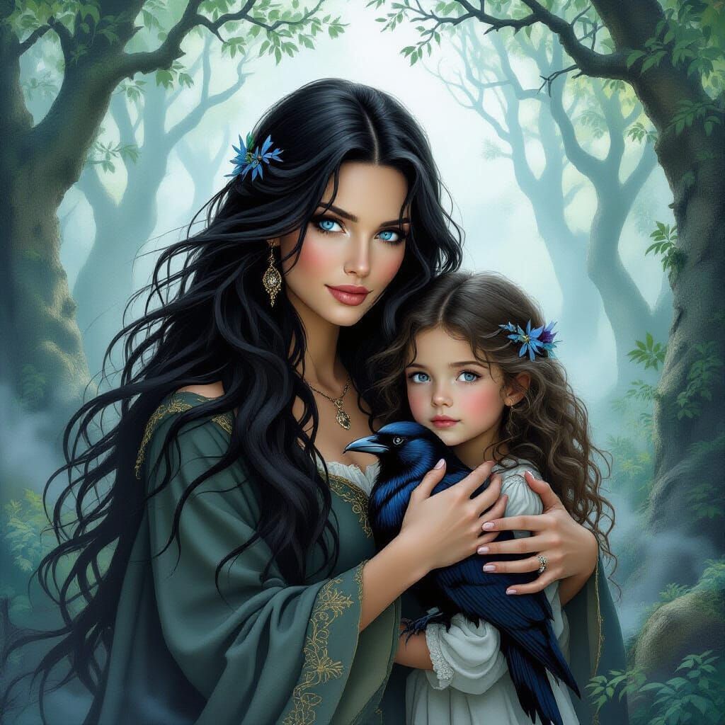 Medieval Woman and Girl in Mystical Forest