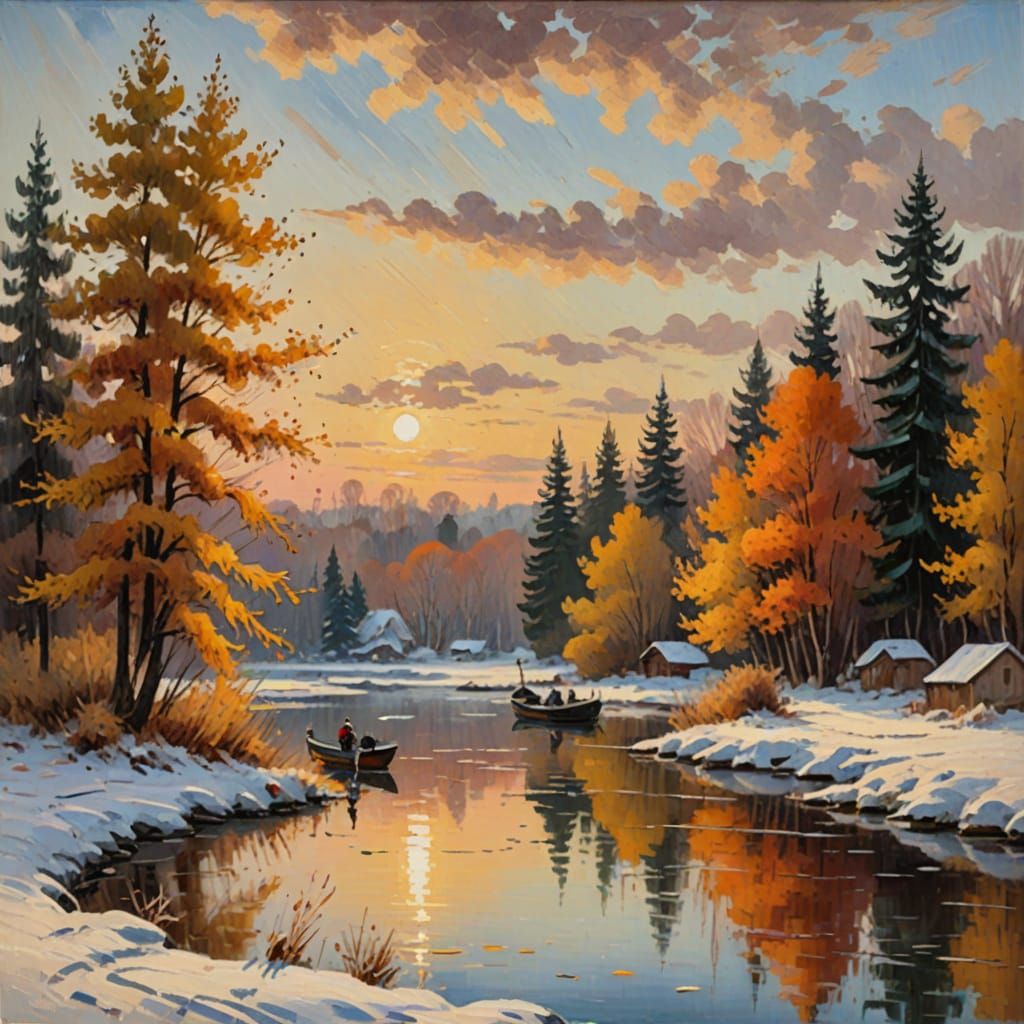 Impressionist Oil Painting of Serene Autumn Lake at Golden H...