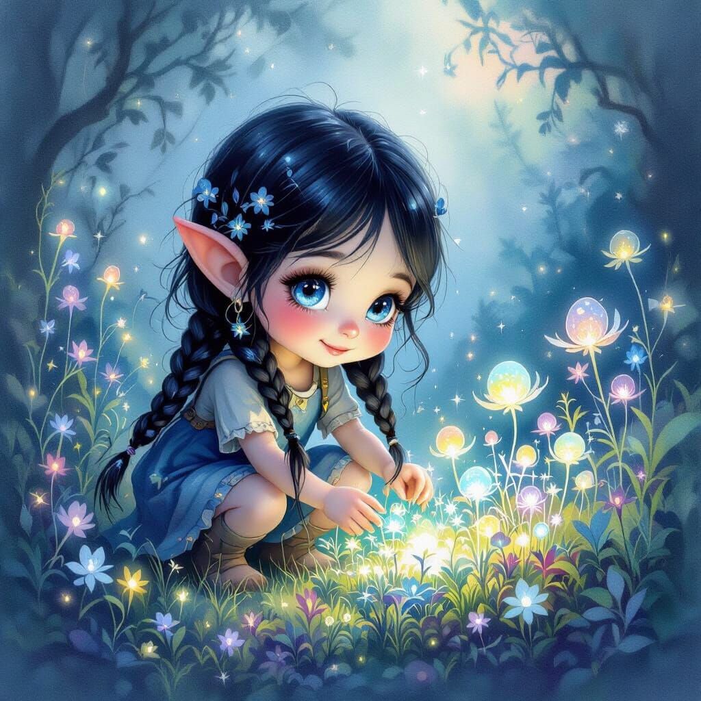 Joyful Gnome Girl in Bioluminescent Garden Painting