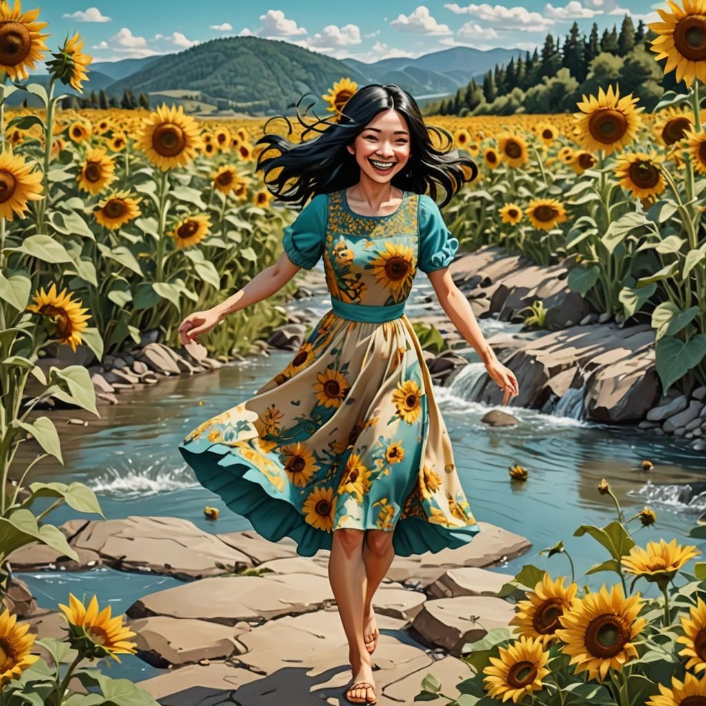 Cartoon Photographer Girl in Sunny, Detailed Landscape