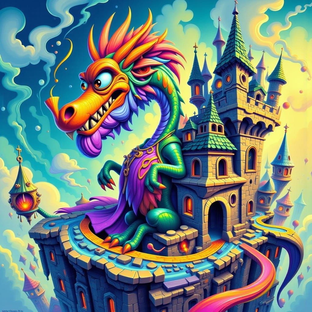 Dragon Guarding Whimsical Castle in Cartoon Style