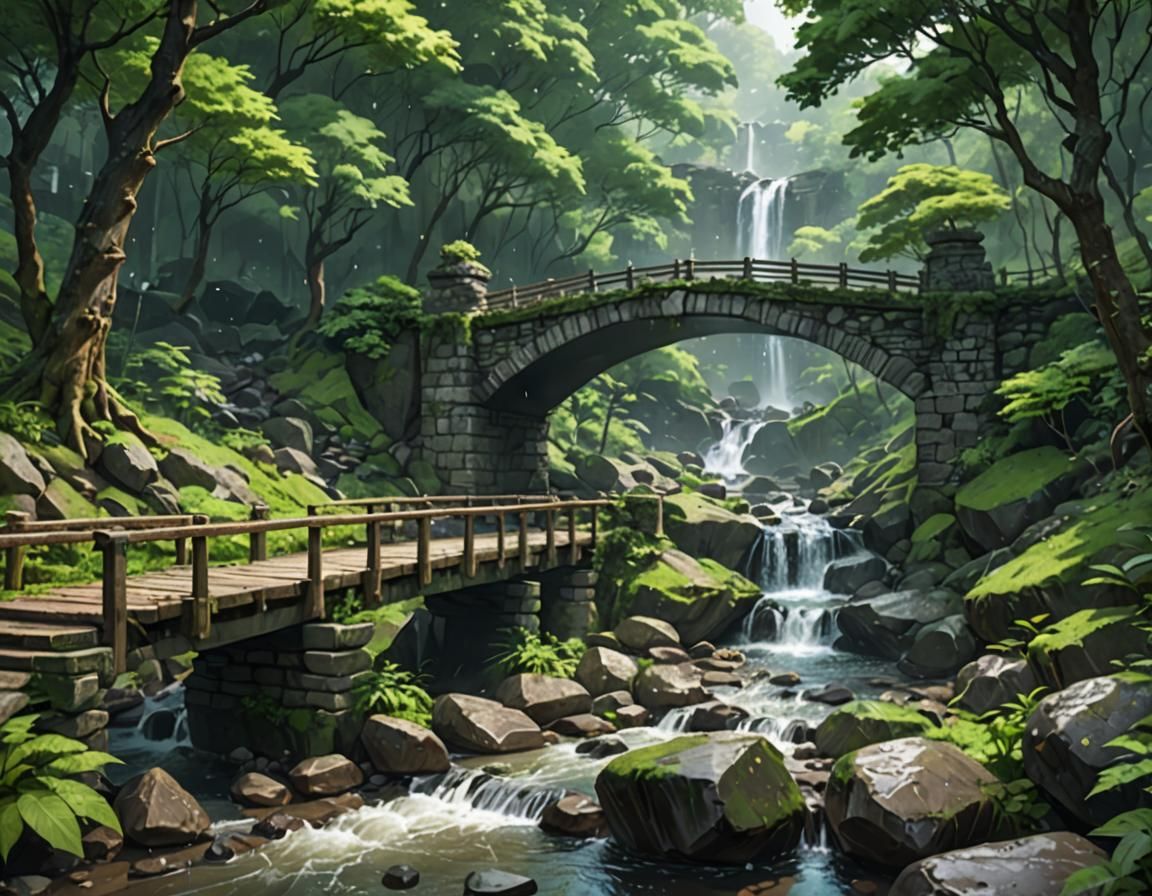 Stone Bridge in Forest: Detailed Anime-Inspired 3D Art