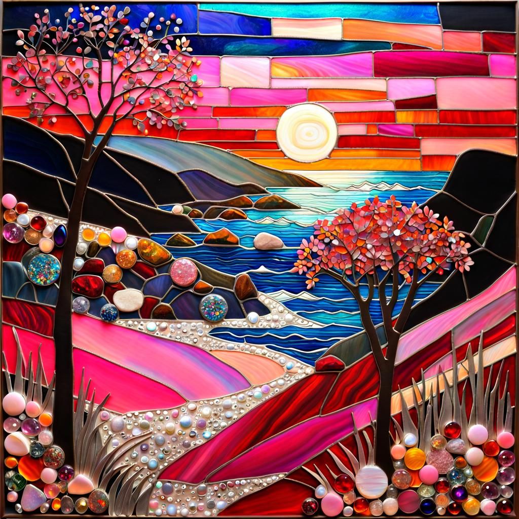 Sunset Beach Mosaic with Gemstones and Silver Wire